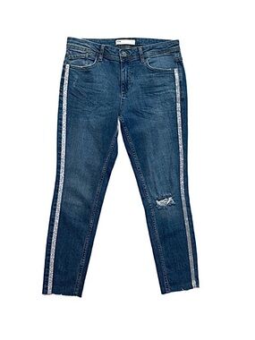 ZARA ~ Blue Distressed Medium Wash Skinny Jeans with Silver Tuxedo Stripe size 8